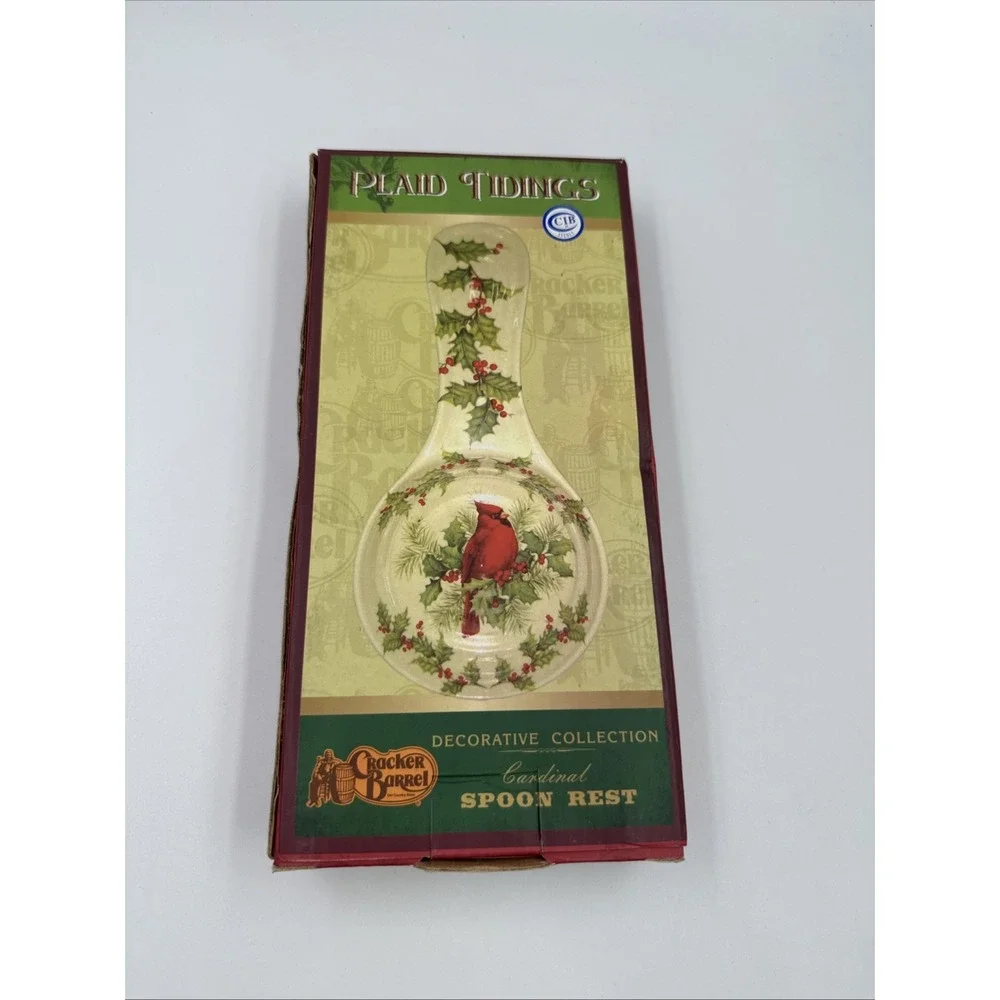 Cracker Barrel Plaid Tidings Cardinal Bird Holly Berries Ceramic Spoon Rest